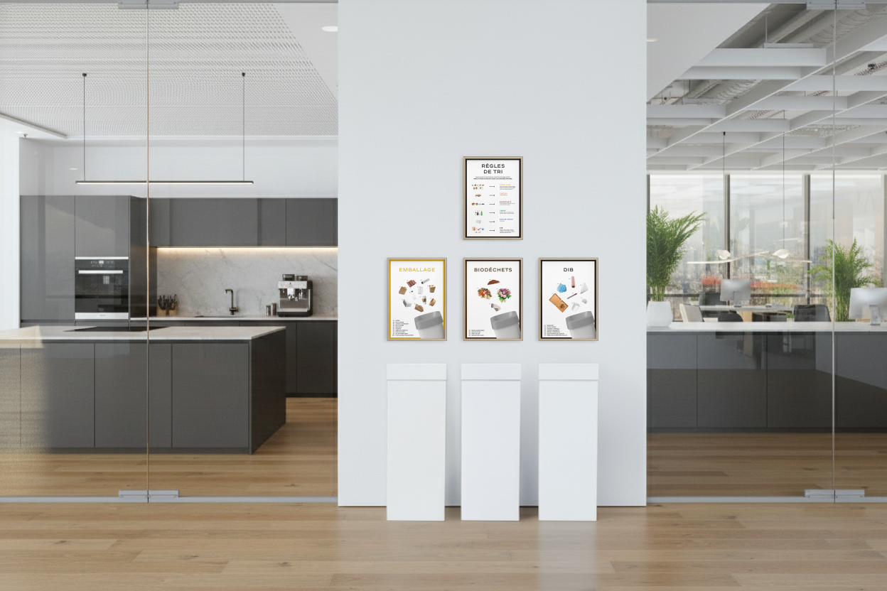 Local de tri avec bacs et signalétique dans des bureaux